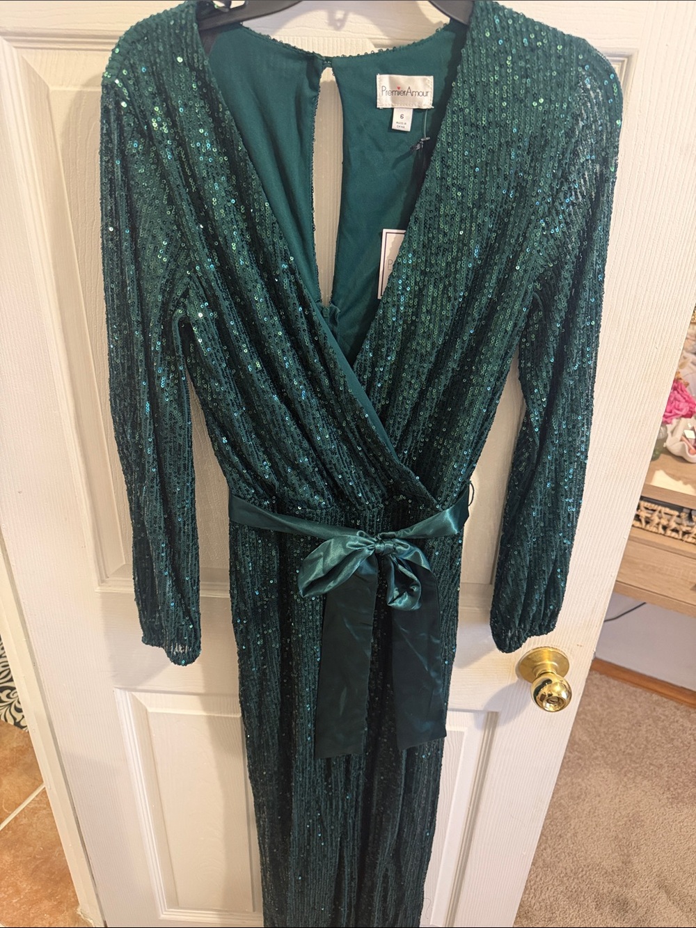 PremierAmour Emerald Sequin Wrap Jumpsuit with Satin Tie